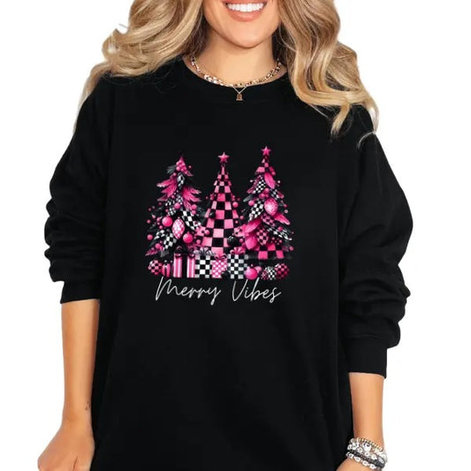 Checkered Pink & Black Christmas Tree Sweatshirt, Hoodie & T-Shirt | Edgy Alt Grunge Merry Vibes | Comfort Womenswear Casual Crewneck Pullover