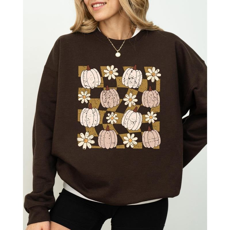 Checkered Pumpkins, Daisies, Flowers, Cute, Retro, Hippie, Positivity, Halloween, Autumn, Fall Sweatshirt T-Shirts, Hoodie