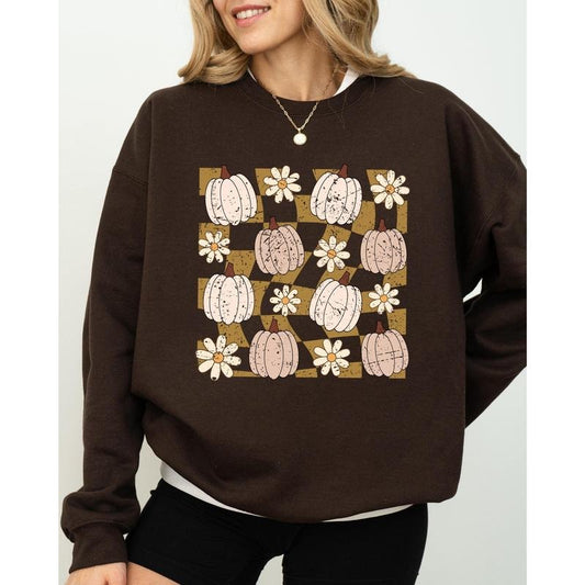 Checkered Pumpkins, Daisies, Flowers, Cute, Retro, Hippie, Positivity, Halloween, Autumn, Fall Sweatshirt T-Shirts, Hoodie