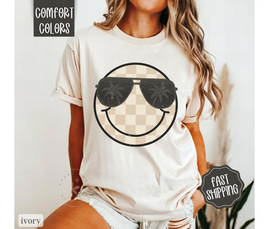 Checkered Smile Beige Shirt Comfort Colors, Happy Face Tee, Oversized Beach Tshirt