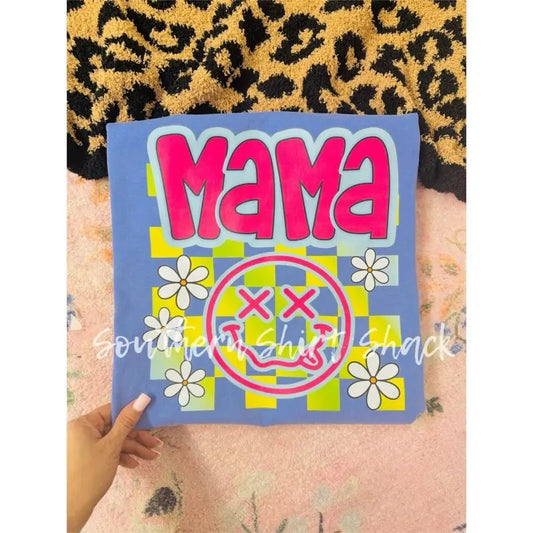 Checkered Trippy Flower Smiley Mama t shirt  | Flo Blue comfort colors t shirt | Smiley mama t shirt