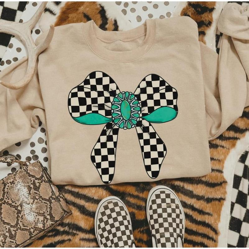 Checkered Turquoise Ribbon Sweatshirt, western clothing hoodies, western outfits women, western topsstyle{n002}2