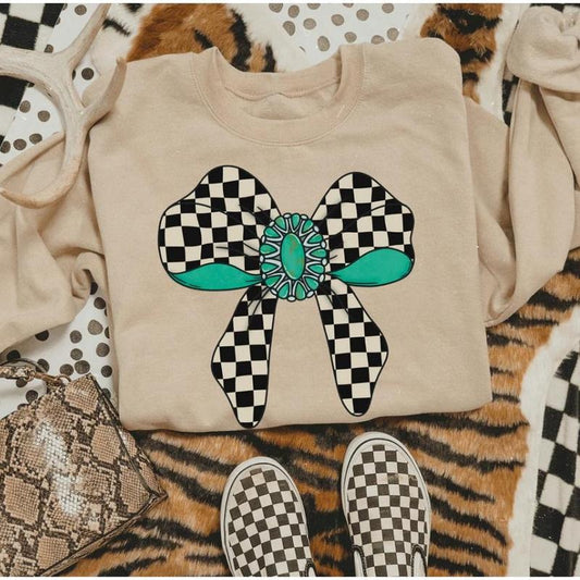 Checkered Turquoise Ribbon Sweatshirt, western clothing hoodies, western outfits women, western topsstyle{n002}2