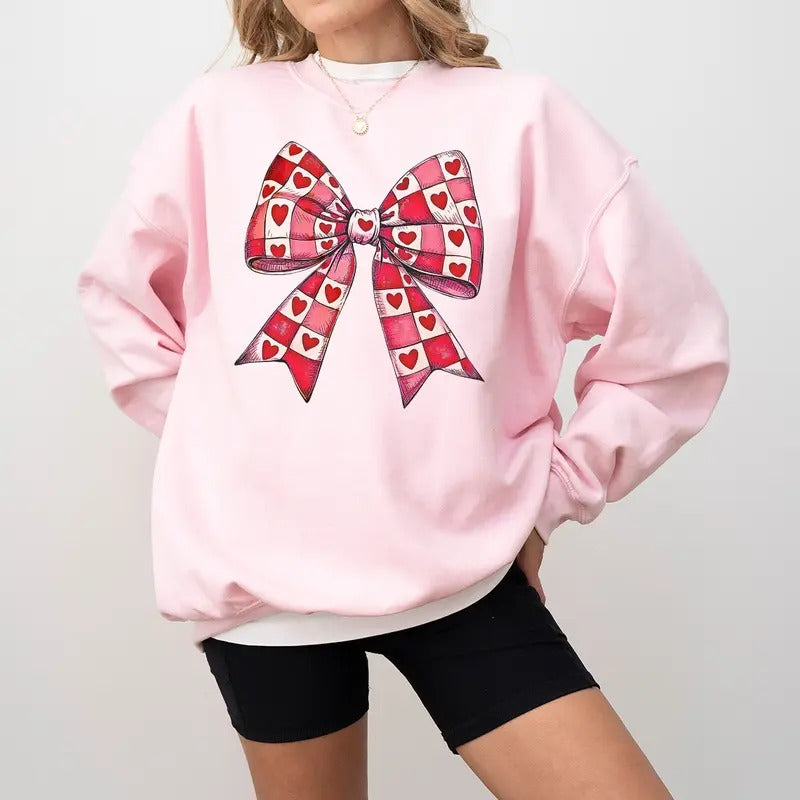 Checkered Valentine's Day Heart Sweatshirt, Coquette Bow Crewneck, Retro Valentine Love Sweatshirt, Romantic Holiday Sweater