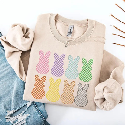 Checkered, Faux Glitter Bunnies, Easter, Bunny, Jesus, Rabbit, Holiday Sweatshirt, Crew Neck, Women's, Crewneck