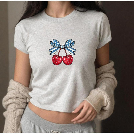 Cherries 4th of July Baby Tee Forth of July Bow Design Cute July 4th Baby Tee Gildan 5000B T Shirt, Independence Day Cropped Shirt