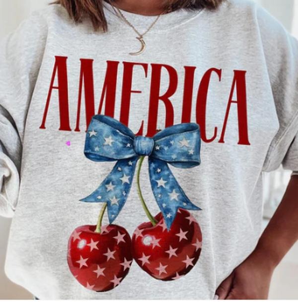 Cherry 4th Of July Tshirt, Patriotic Cherry Tee, USA Star Shirt, Memorial Day Shirt, Trendy Independence Coquette Bow Day Tee