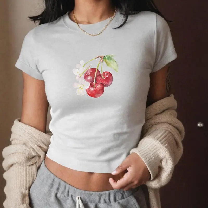 Cherry Baby Tee, Coquette Feige Baby Tee, 2000s Crop Y2K, Soft Girl Era Shirt, Summer Tee Casual Comfort