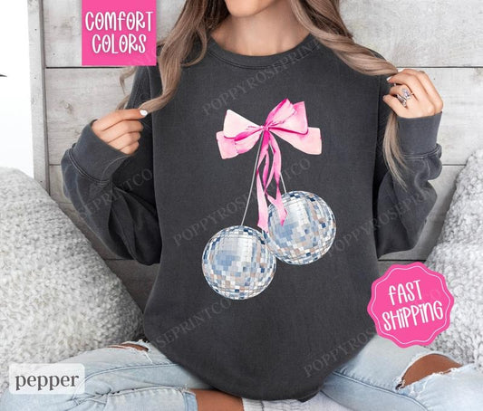 Cherry Disco Bow Comfort Colors Sweatshirt, New Year's 2025 Women's Crewneck, NYE Women's Sweater
