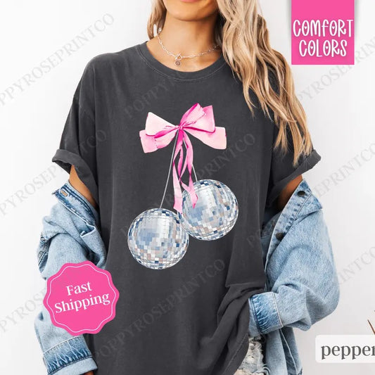 Cherry Disco Bow Shirt Comfort Colors, New Year's 2025  Women's Tee, NYE Women's Tshirt