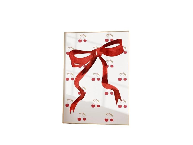 Cherry Fruit Pattern, Coastal Cowgirl, Pastel Wall Art, Maximalist Art, Bow And Ribbon Wall Art, Ma Cherie, Cherry Coquette, Gifts For Women Wall Art Decor, Gifts For Birthday Poster Landscape