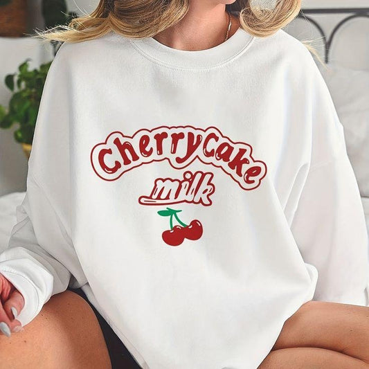 Cherry Print Sweatshirt, Vintage Long Sleeve Crew Neck Sweatshirt, Women's Clothing
