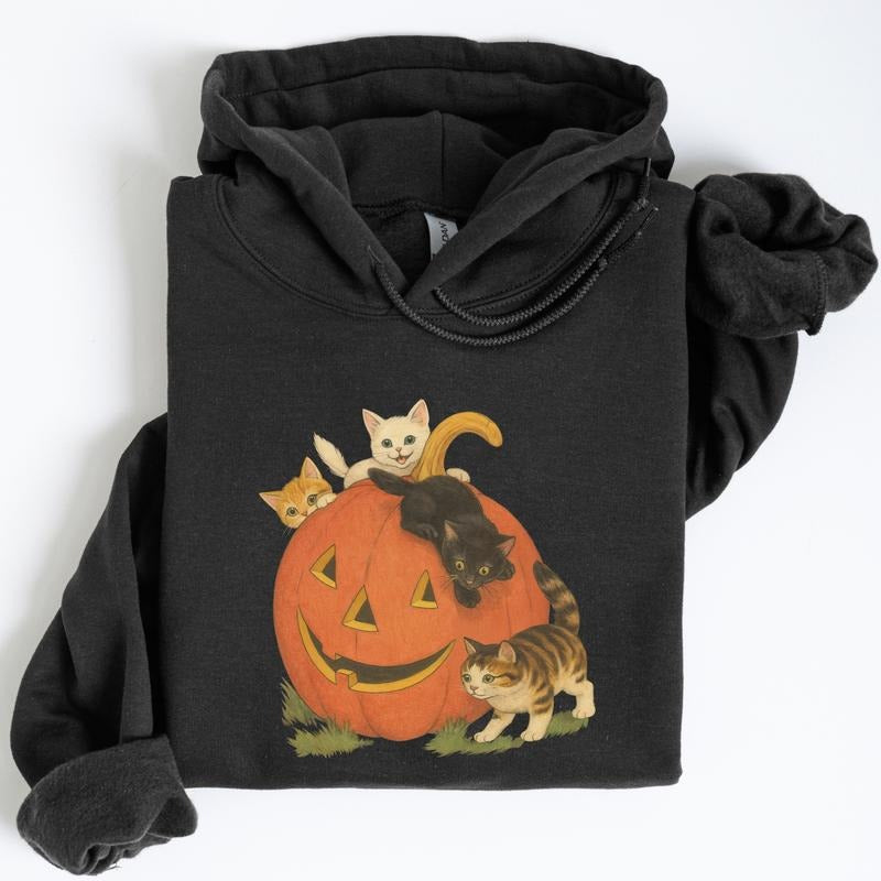 ChicCotton Vintage 90s Cat Halloween Hoodie, Retro Cute Cats Fall Vibes Graphic Hoodies, Vintage Jack-o-lantern Hooded Sweatshirt, Cat Lovers Outfits