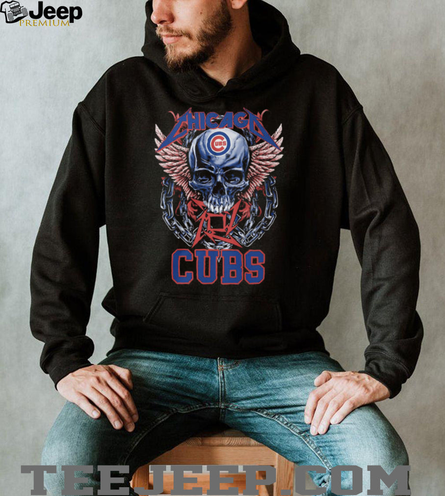 Chicago Cubs Red Blue Logo Skull Pink Wings And Heavy Metal Chains T Shirt