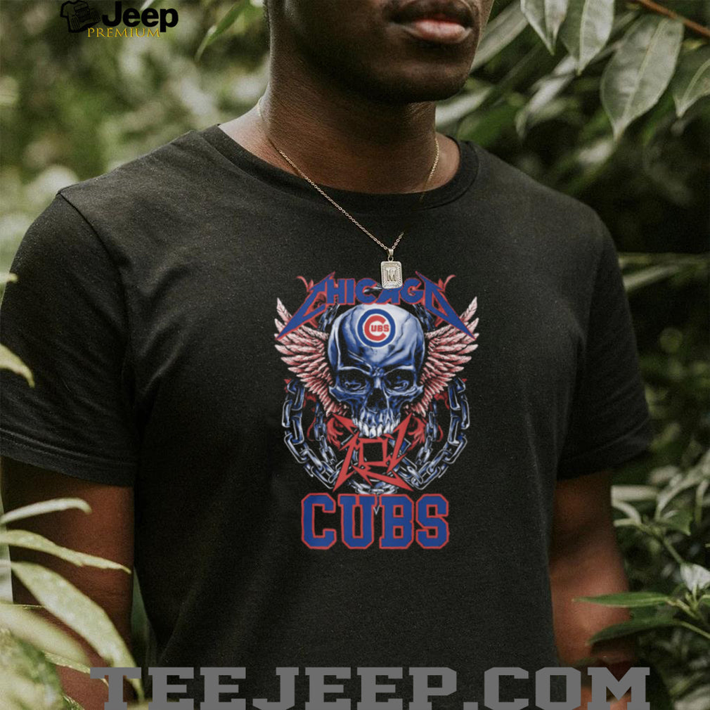 Chicago Cubs Red Blue Logo Skull Pink Wings And Heavy Metal Chains T Shirt