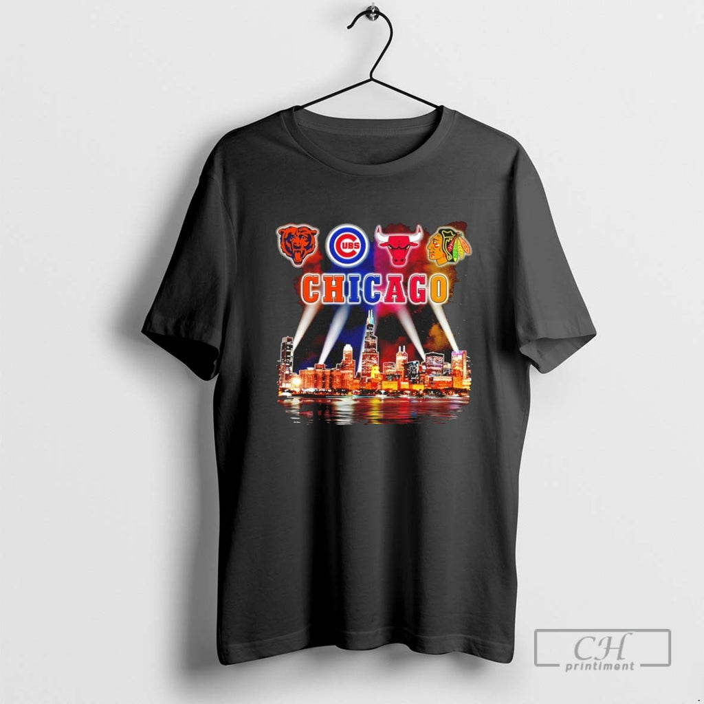 Chicago Sports City Skyline Bears Cubs Bulls Blackhawks