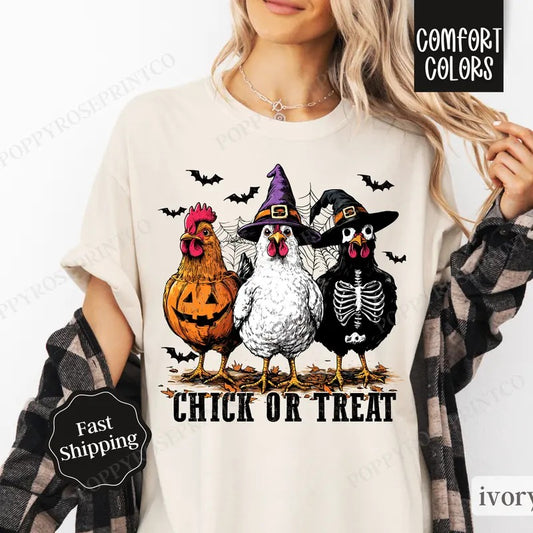 Chick Or Treat Shirt Comfort Colors, Chicken Halloween Tee, Womenswear Oversized Crewneck