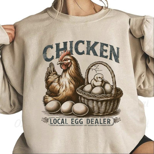 Chicken Local Egg Dealer Vintage Sweatshirt Unisex Farm Bird Country T-Shirt Hoodie Cotton Pullover Womenswear Day Polyester