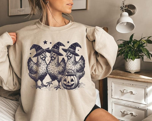 Chicken Witches Funny Halloween Sweatshirt, Vintage Chicken Witch Sweater, Funny Women Halloween Womenswear Cotton