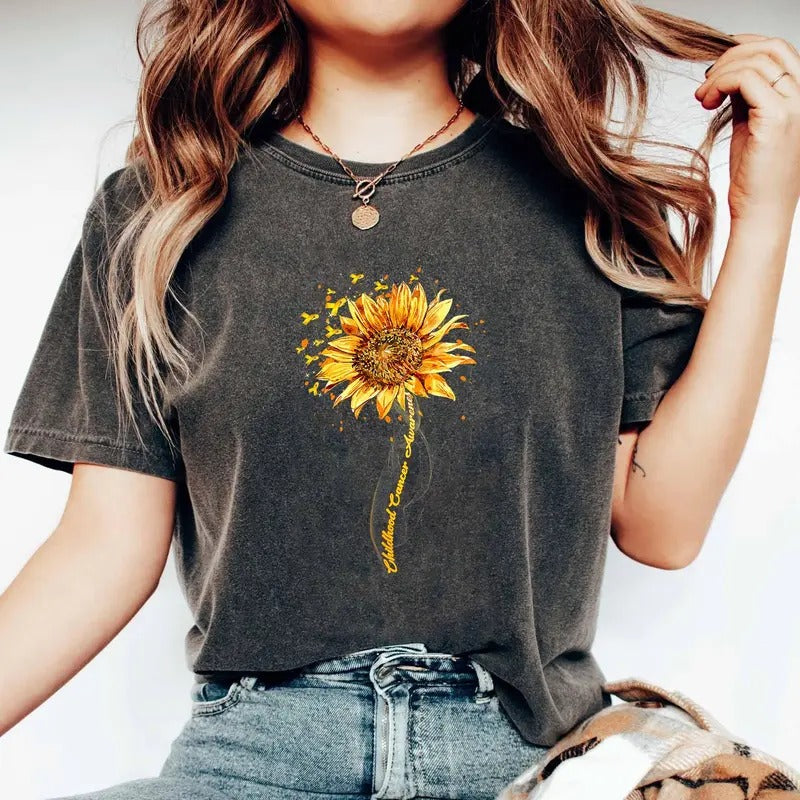 Childhood Cancer Awareness Vintage Gold Ribbon Sunflower Shirt Childhood Cancer Awareness Shirt Childhood Cancer Sunflower Shirt