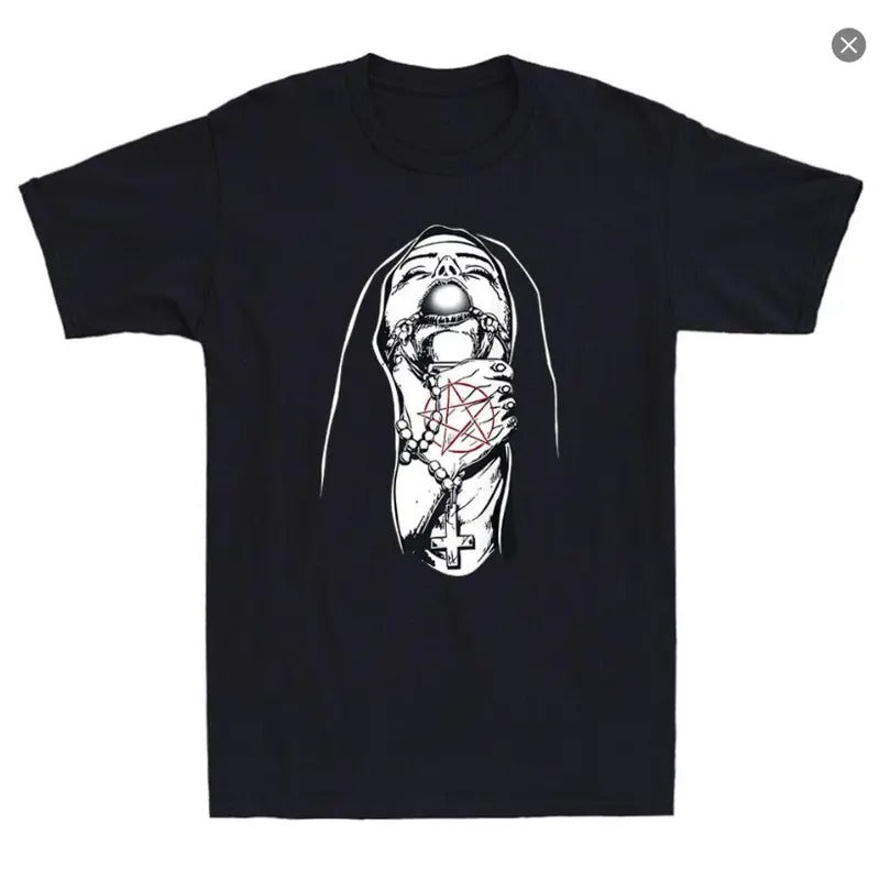Choked Up Nun Funny Tattoos Occult Gothic Evil AntiChrist Vintage Mens TShirt