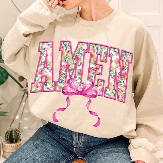 Christian Amen Flowal Coquette Bow Sweater, Easter Easter Jesus Apparel, Amen Coquette Bow Tee, Retro Bible Verse Christian Shirt