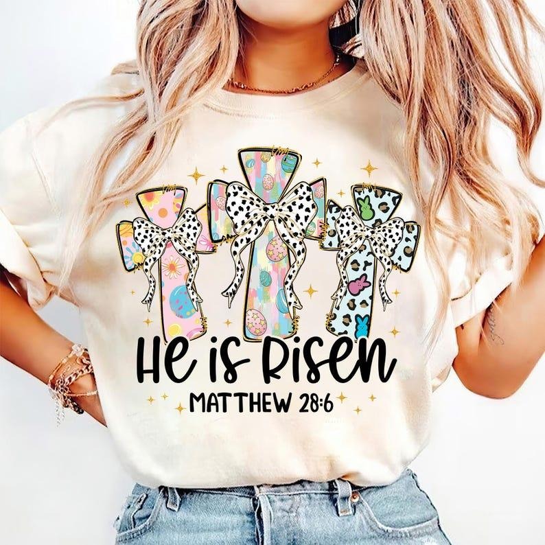 Christian Easter T-shirt, He is Risen, Retro Jesus, Bible Verse, Cross, Matthew 28:6