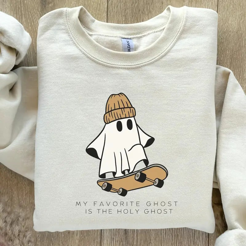 Christian Holy Ghost Skater Sweatshirt, Holy Spirit funny Halloween sweatshirt, Bible verse shirt Cotton Sweater