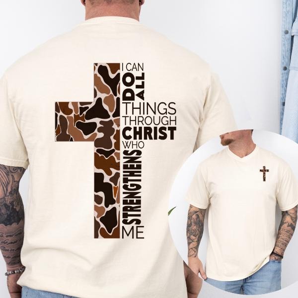 Christian Tshirt Camo Cross Design with Philippians 4:13 Verse, Perfect for Faithful Believers and Outdoorsmen, Jesus Shirt for Christian Casual Top