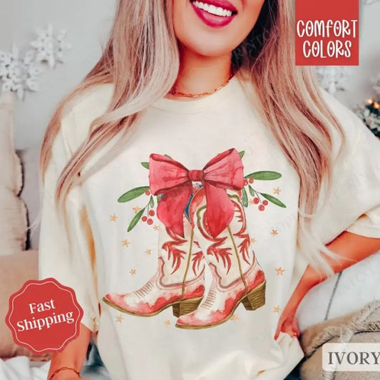 Christmas Boots Shirt Holiday Tshirt,  Country Christmas Tee, Women's Holiday Tee