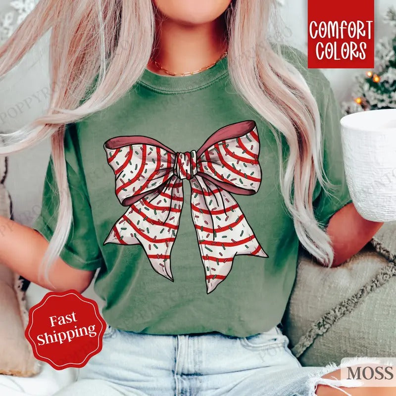 Christmas Cake Bow Shirt Comfort Colors Holiday Tshirt,  Women's Holiday Tee christmas shirt retro christmas