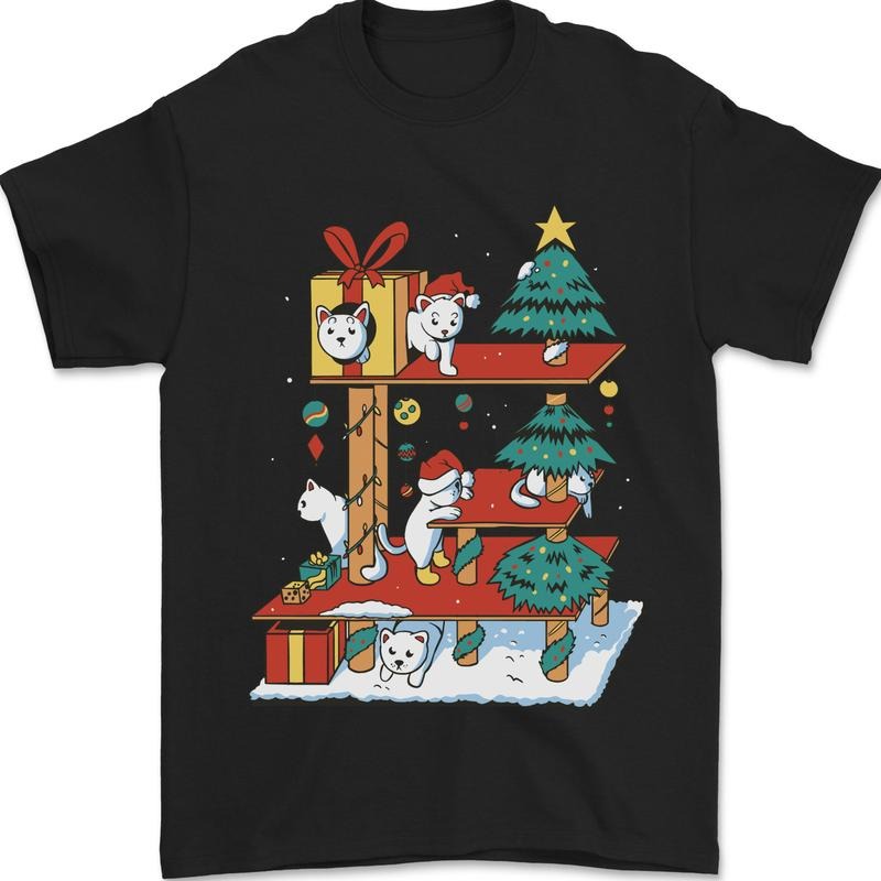 Christmas Cat House Funny Winter Xmas Mens T-Shirt Cotton Made in USA