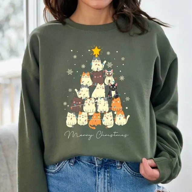 Christmas Cat Tree Sweatshirt, Christmas Cats Sweatshirt, Meow Christmas Sweatshirt,Cat Lover Gift,Holiday Sweatshirt,Cute Christmas Sweater
