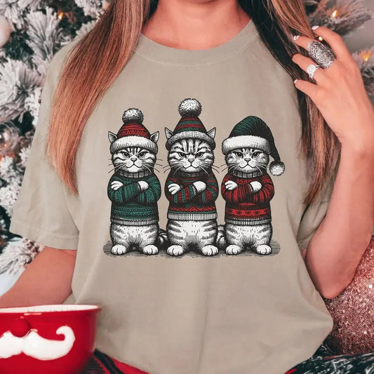 Christmas Cats  T-Shirt - Funny Xmas Cat Shirt for Cat Lovers - Pullover, Fabric