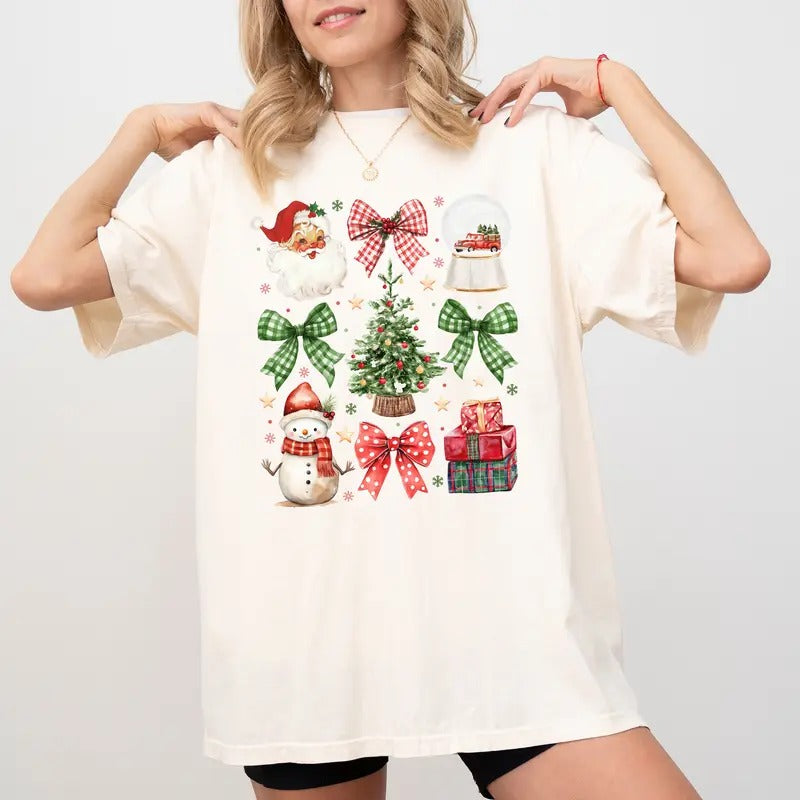 Christmas Checkered Coquette Bow Shirt Comfort Colors, Girly Christmas Tee for Women, Santa Claus Christmas Tree Gift T-shirt, 2024 Holiday Tee, Christmas Gift, Comfy Fabric Graphic Tee, Women's Top, Casual Womenswear, Cotton Fabric Relaxed Fit Chic Style