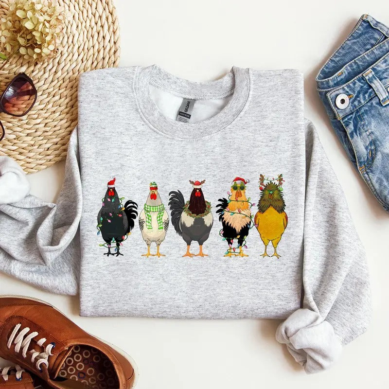 Christmas Chickens, Chicken Lovers, Santa, Farm Life, Winter, Snow, Xmas Sweatshirt, Women's Crew Neck, Crewneck...