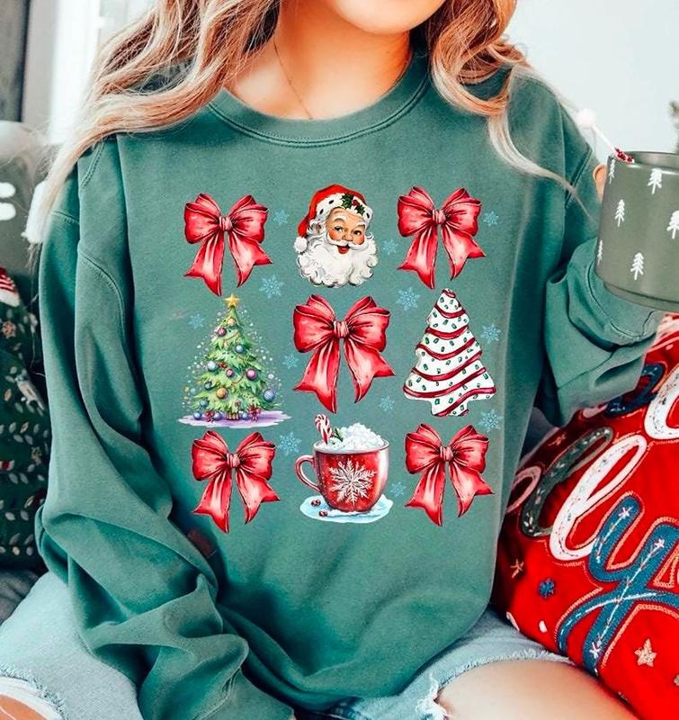 Christmas Coquette Bow Sweatshirt, Woman Xmas Shirt, Christmas Girl Sweatshirt, Cute Winter Crewneck, Retro Santa Shirt, Merry Christmas Sweater, Santa Coquette Bow Shirt