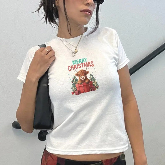 Christmas Cow Baby tee, Cow Women shirt, Highland Cow Crop Top, Farm Xmas Casual Comfort