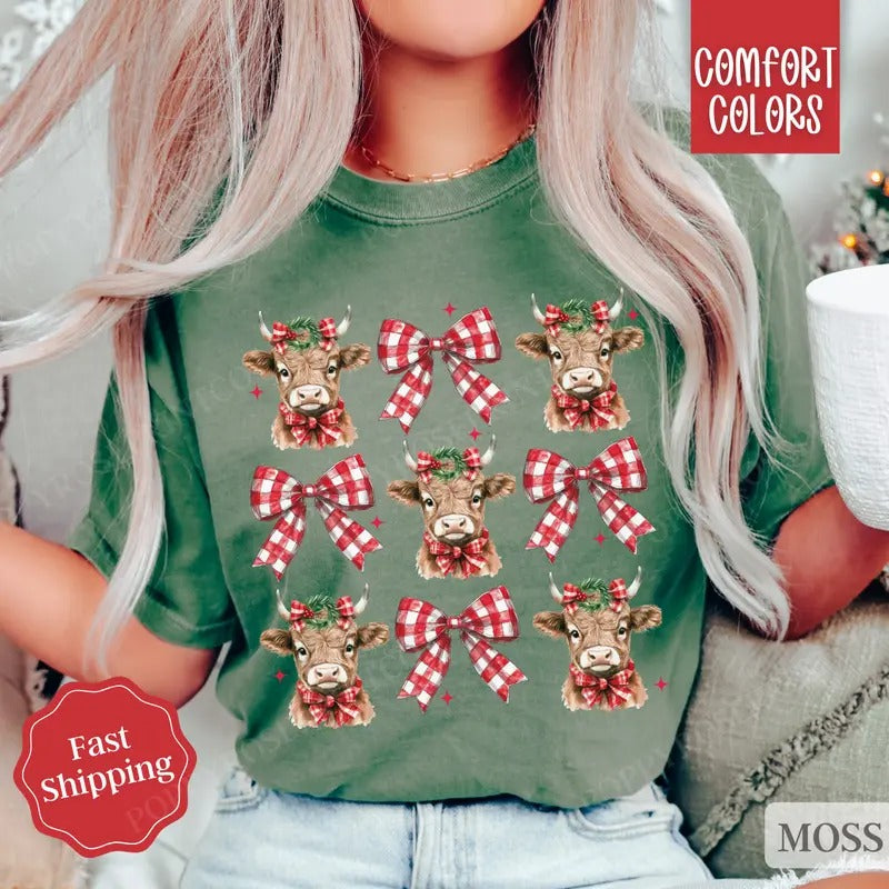 Christmas Cow Bow Shirt Comfort Colors Holiday Tshirt, Women's Holiday Tee