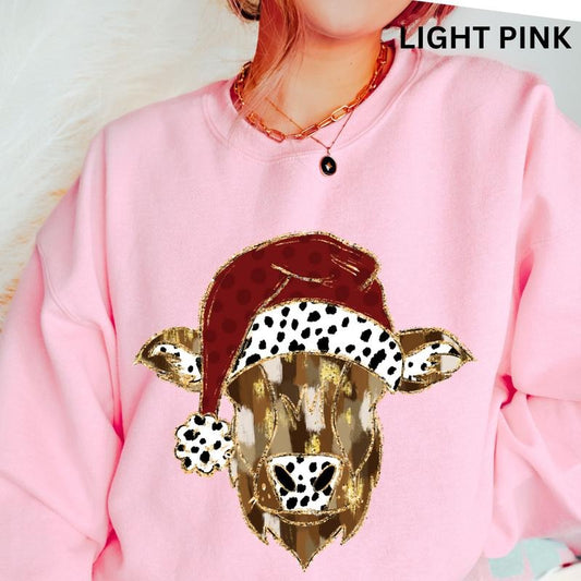 Christmas Cow Faux Glitter Cow Sweatshirt Sleeve Casual Cotton Polyester Oversized sweatshirt - Comfort Crewneck Womenswear