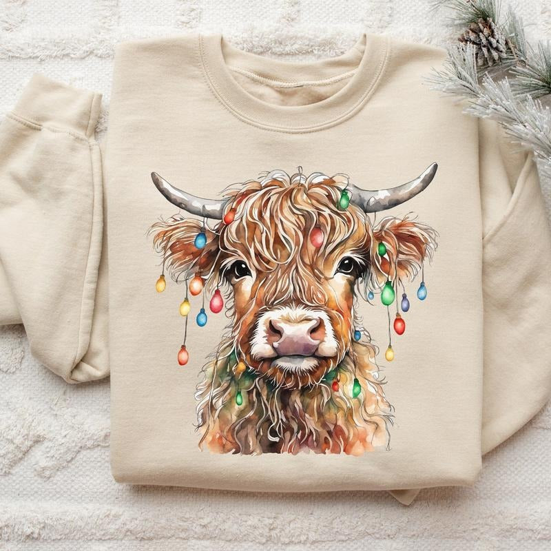 Christmas Cow Sweatshirt, Cow Lights Sweater, Cow Women Tshirt, Unisex Crewneck Sweatshirt & Shirt