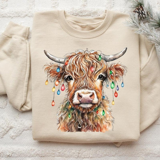 Christmas Cow Sweatshirt, Cow Lights Sweater, Cow Women Tshirt, Unisex Crewneck Sweatshirt & Shirt