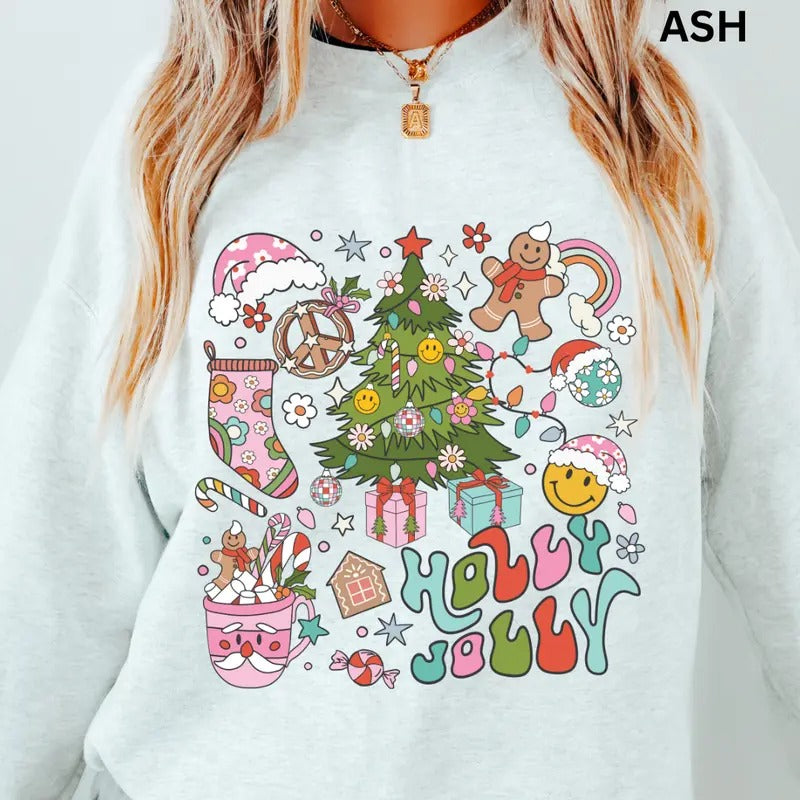 Christmas Crewneck, Holly Jolly Doodles Crewneck, Christmas Sweatshirt, Holiday Christmas Sweatshirt, Winter Season Graphic, Casual Cotton Crewneck, Polyester, Oversized