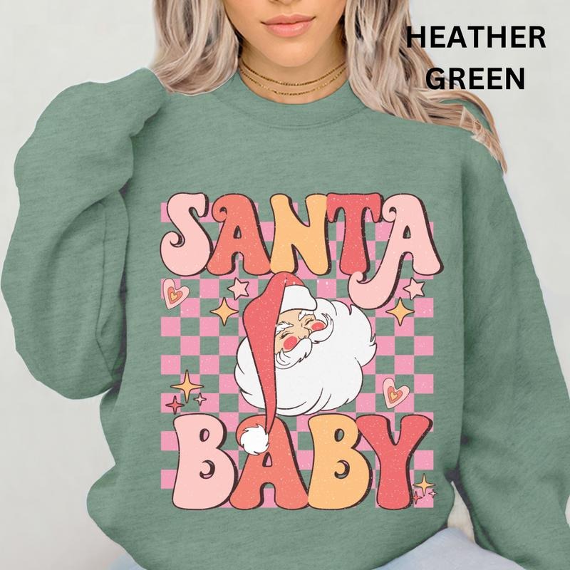 Christmas Crewneck, Santa Baby Retro Pink Checkered Sweatshirt, Christmas Sweatshirt, Winter Season Graphic, Casual...