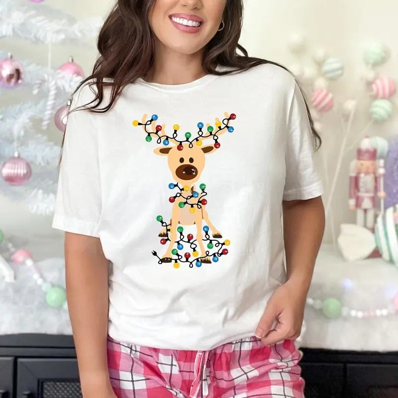 Christmas Deer Shirt, Cute Christmas Shirt, Christmas Lights Shirt, Reindeer Shirt, Christmas Gift, Animal Lover Shirt, Christmas Apparel