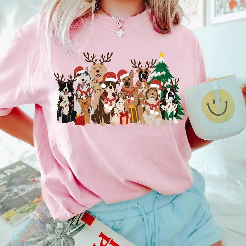Christmas Dogs Shirt, Dog Lover Christmas Shirt, Holiday Shirt, Christmas Dog Gift, Cute Gift for Dog Lover, Dog Mom Shirt Cotton Tshirt, Casual Round Neck Short Sleeve Top,  All-Season, Perfect for Outdoor & Daily Fashion