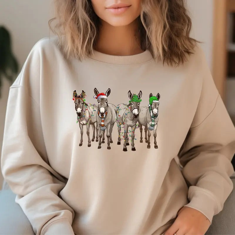 Christmas Donkey Sweatshirt, Farm Christmas Donkey Hoodie, Christmas Lights Shirt, Donkey Lover Gift,Christmas Season T-Shirt,Christmas Tee Cotton Crewneck