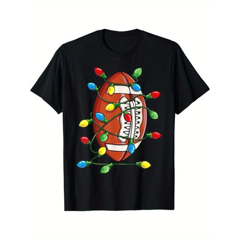 Christmas Football Ball Xmas Lights Funny Boys Men Sport T-Shirt, 100% Cotton, Gift for Men Women Dad Mom Friends,...