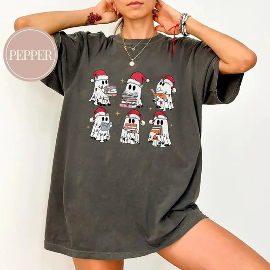 Christmas Ghost Book Sweatshirt, Ghost Santa Reading Book T-Shirt, Book Club Christmas Sweater, Bookworm Ghost Shirt, Christmas Gift For Book Lover