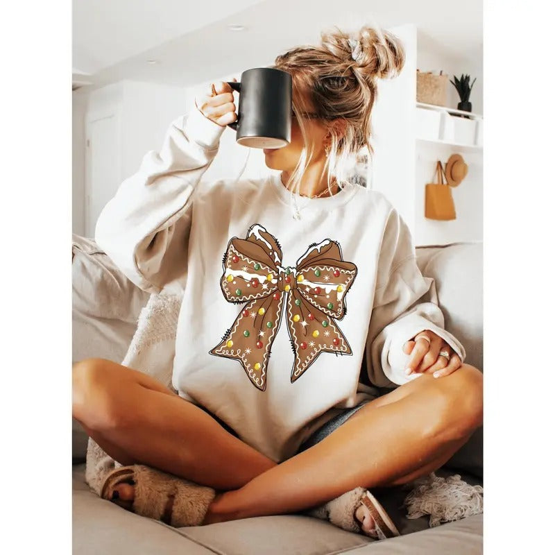 Christmas Gingerbread Coquette Bow Sweatshirt for Women, Christmas Gift, Unisex Cotton Womenswear Sweater